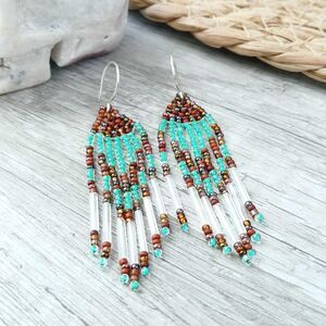 BOGO EARRINGS Small Beaded Fringe Cascade Dangle Earrings Mint Chocolate, 2.5"